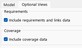 Optional Views tab with "Include requirements and links data" and "Include coverage data" selected
