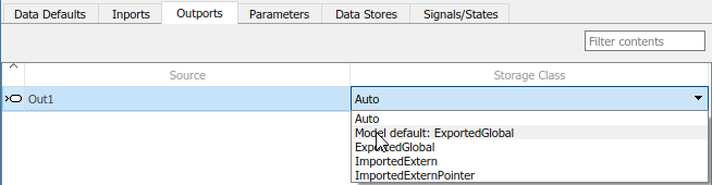 Code Mappings editor with Outports tab selected, outport Out1 selected, and storage class being set to Model default: ExportedGlobal.