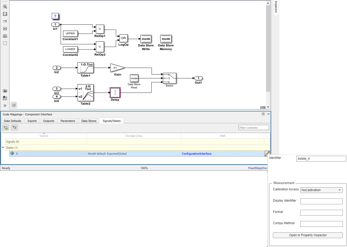 Code Mappings editor with Signals/States tab selected, States tree node expanded, and storage class for state X set to Model default: ExportedGlobal. Mapping Inspector shows Identifier property for state X set to dstate_X.