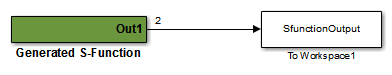 Generated S-function plugged into root model and has output connected to To Workspace block