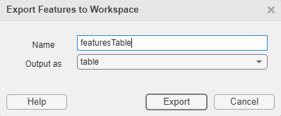 Export features to workspace dialog box to specify output name and format.