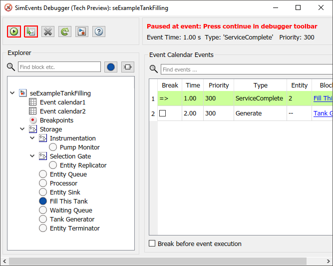 The Event Calendar Events pane of the SimEvents Debugger window highlighting the current event of Type ServiceComplete at the Fill This Tank block.