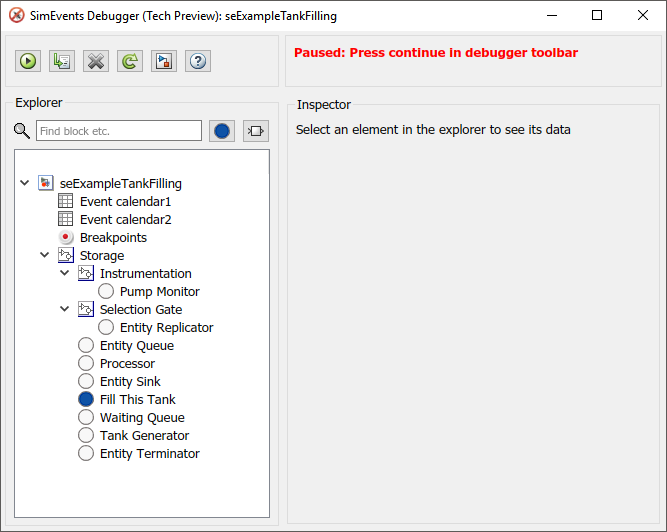 SimEvents Debugger window containing an Explorer pane on the left with a search field. An Inspector section on the right side of the pane displays data for the element selected on the left.