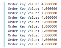 Diagnostic Viewer screen showing the Order Key value of ten entities in written form. In order, the values are: 4.000000, 4.000000, 1.000000, 4.000000, 3.000000, 1.000000, 2.000000, 3.000000, 4.000000, 4.000000.