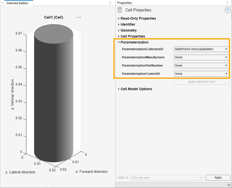 Parameterization pane of the Battery Builder app, showing the new available ParameterizeCollectionID and ParameterizeCustomID properties.