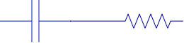 Equivalent circuit diagram that shows a series connection of a capacitor and a resistor, representing a basic RC model of a supercapacitor.
