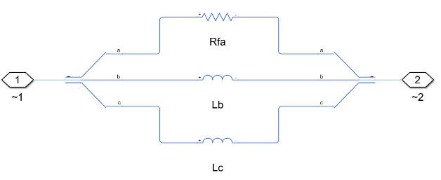 Equivalent circuit of faulted three-phase inductor branch. Top resistor is labeled Rfa, middle inductor is labeled Lb, bottom inductor is labeled Lc.