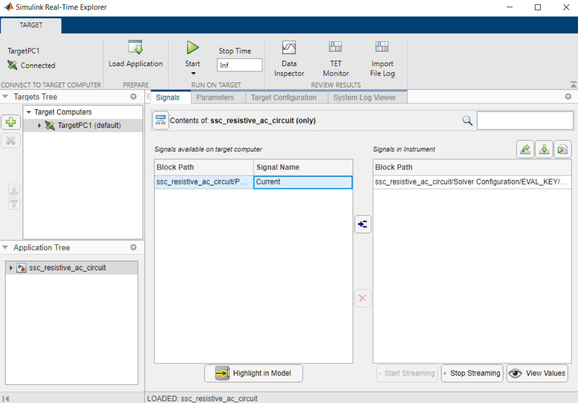 Simulink Real-Time Explorer window with connected target computer.