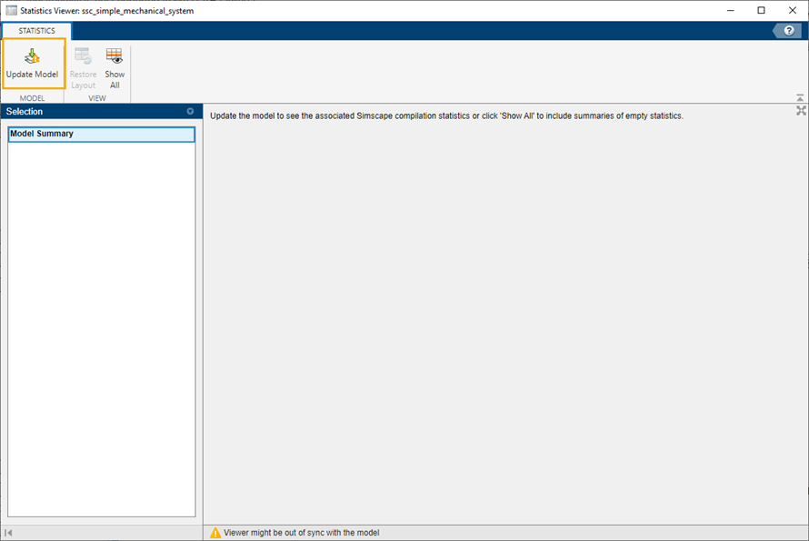Empty Statistics Viewer window with update model button highlighted.