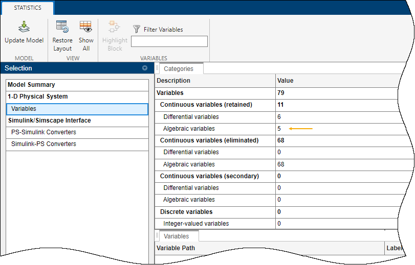 Variables pane of the Statistics Viewer tool showing 5 in the Algebraic variables row.