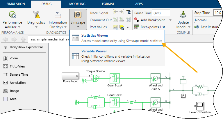 Arrow pointing to the location of the Statistics Viewer tool on the canvas toolstrip.