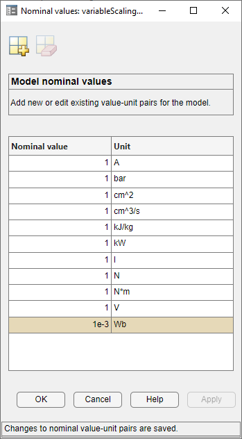 Nominal value window displaying a new entry for 1e-3 Wb.