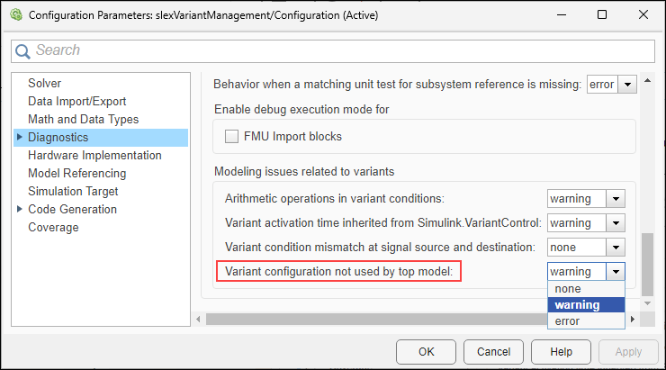 Diagnostics pane in the Configuration parameters dialog box