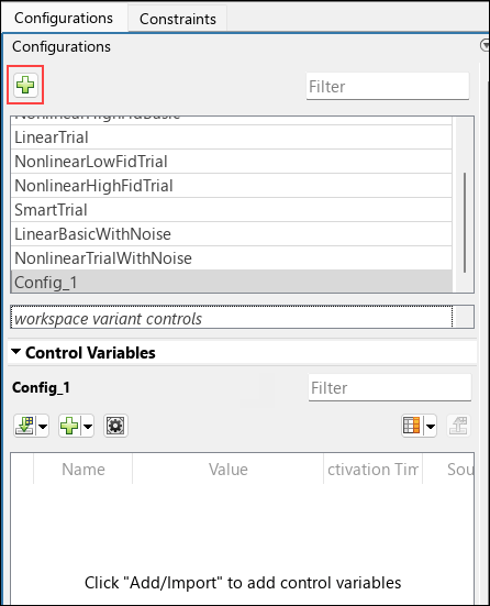 Variant configurations pane in Variant Manager with a new configuration named Configuration