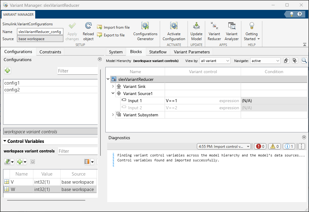 Variant Manager window for the model