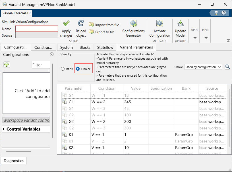 Variant Manager showing the Variant Parameters tab. The Choice option is selected. The view shows the variant parameter choices and their conditions.