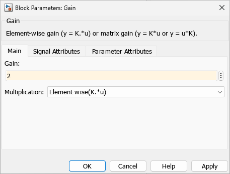 Block parameters dialog box with the Gain value set to 2
