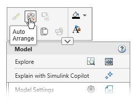 The Top Model context menu is open with the format bar expanded. The pointer is paused on the Auto Arrange button, and next to the button is a tooltip with the text "Auto Arrange".