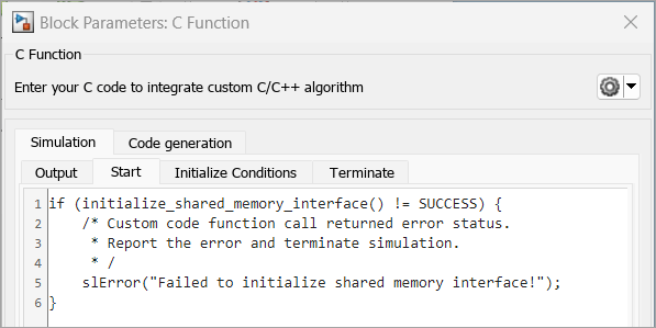 C Function block uses slError to report an error message at the start of simulation.