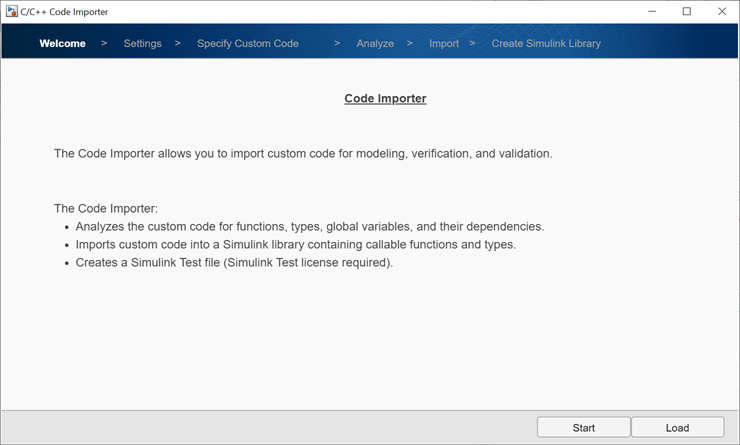 Simulink Code Importer wizard start screen