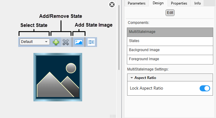 Customizable MultiStateImage block in design mode with the toolbar and the Design tab in the Property Inspector visible.