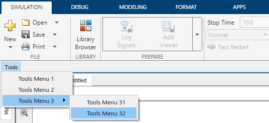 Custom toolbar menu labeled Tools that consists of two list items without pop-up lists and one list item with pop-up lists