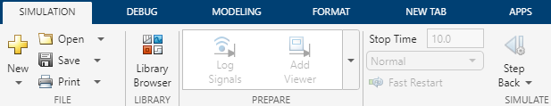 The Simulink Toolstrip with a custom tab titled NEW TAB