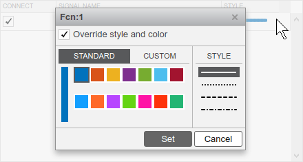 Line color and style selection menu for a signal connected to a Dashboard Scope block.