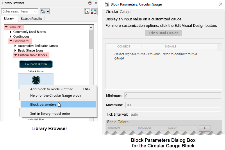 The left image shows the Library Browser in docked mode with the Simulink library expanded, the Dashboard sublibrary expanded, and the Customizable Blocks sublibrary expanded. In the Customizable Blocks sublibrary, the Circular Gauge block has been right-clicked, and the context menu is open. The pointer hovers over the option labeled Block parameters. The right image shows the Block Parameters dialog box that opens for the Circular Gauge when the pointer clicks Block parameters. All of the buttons and text boxes in the Block Parameters dialog box are grayed out, indicating that they cannot be edited.