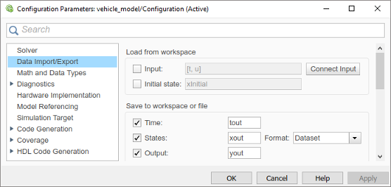 Configuration Parameters dialog box, with Data Import/Export selected on the left, and options for loading from the worspace, saving to the workspace, or saving to a file on the right