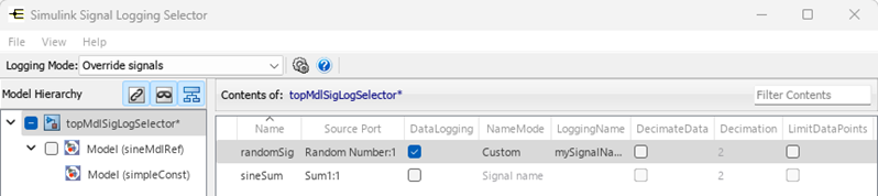 The Signal Logging Selector configured to log only the randomSig signal with the logging name changed to mySignalName.