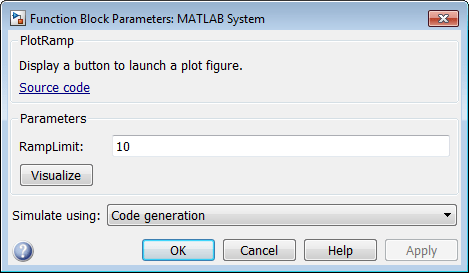 A dialog box for a MATLAB System block contains a section labeled Parameters. The Parameters section has a parameter named RampLimit and a button labeled Visualize.