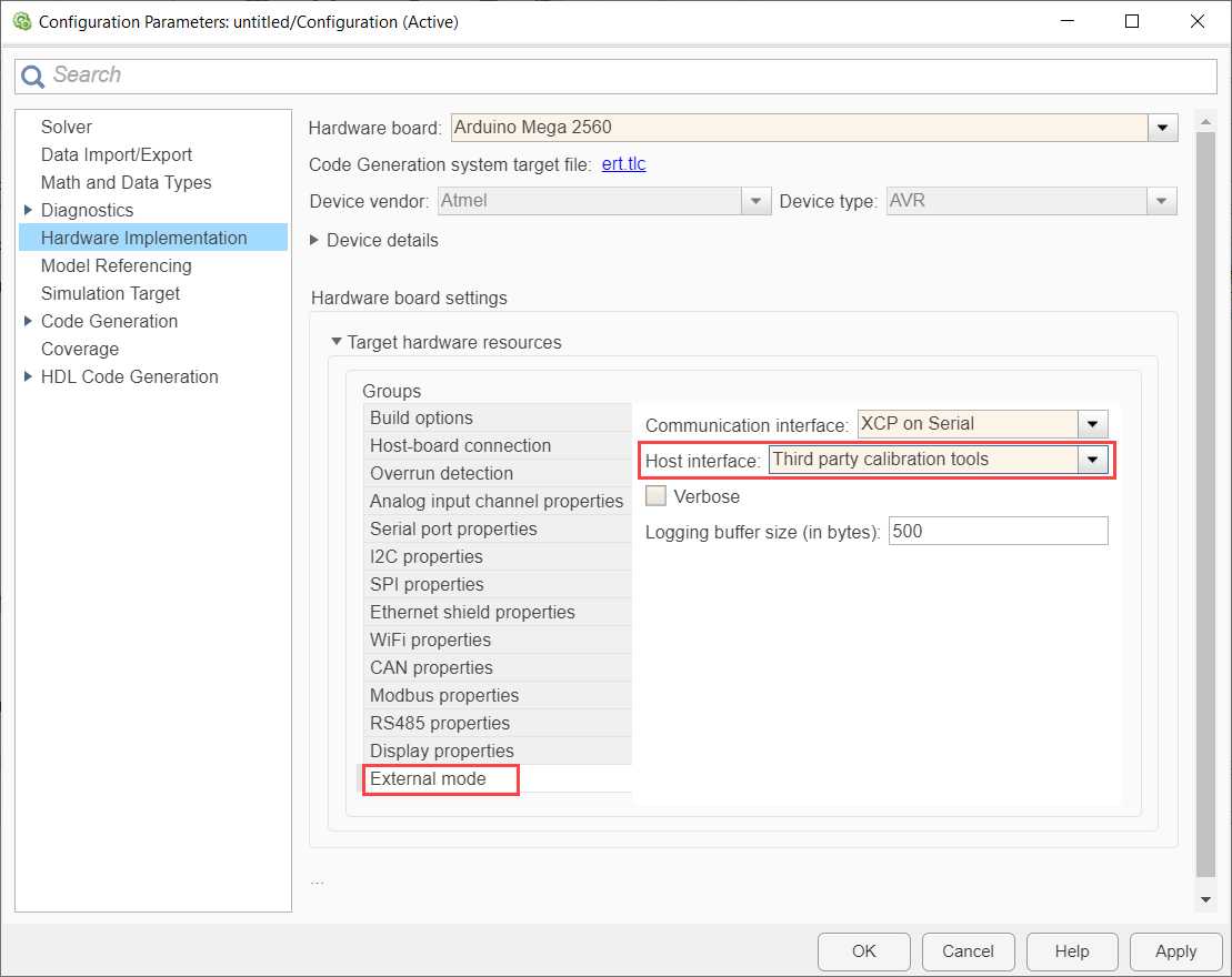 Arduino Configuration Parameters External Mode CANape