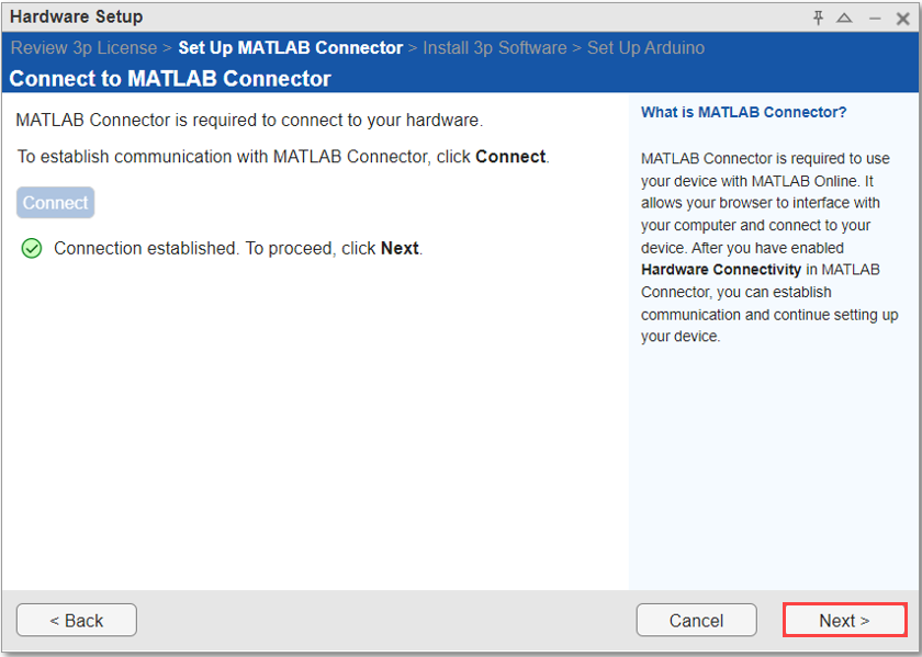 Successful connection established with MATLAB Connector