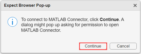 Request window for connecting with MATLAB Connector