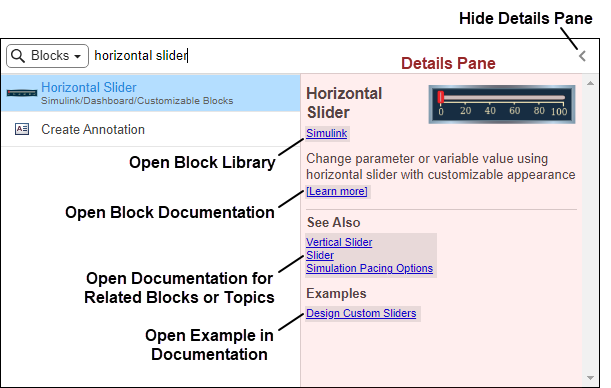 The Quick insert menu has the search term "horizontal slider" in the search box. The list of search results is below the search box, with the entry for the Horizontal Slider block from the Simulink/Dashboard/Customizable Blocks library highlighted in blue.