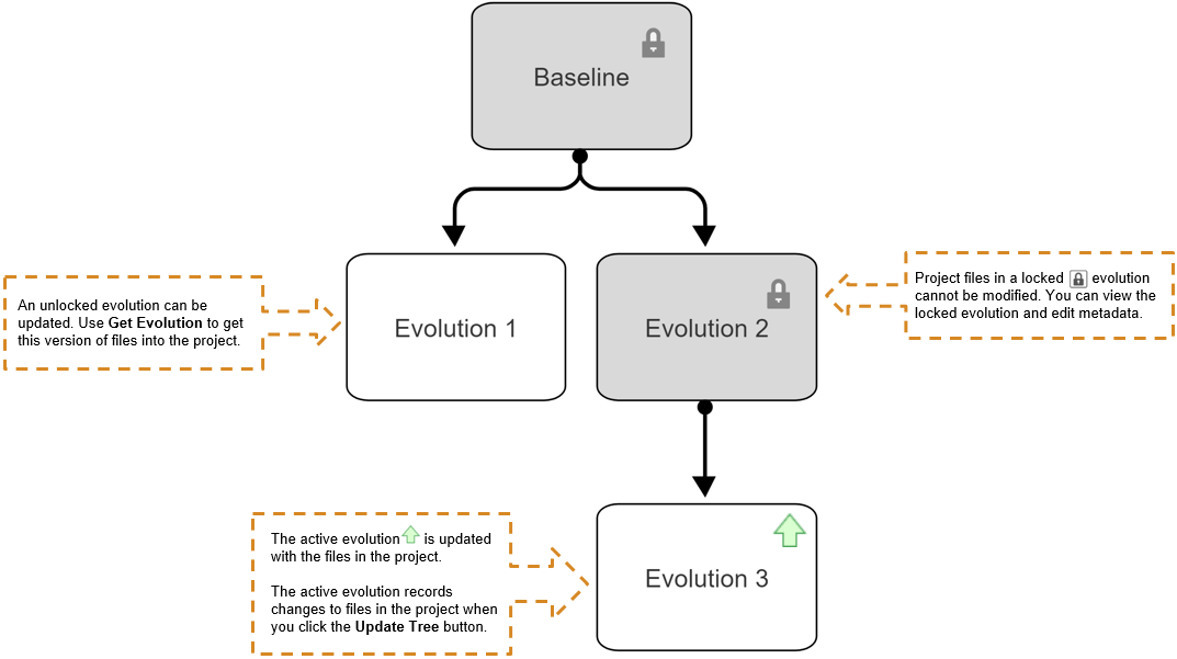 Example evolution tree. The tree is annotated to show locked/unlocked evolutions, the active evolution, and the current files open in the project.