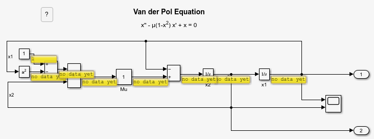 The model vdp with port value labels on all signals.