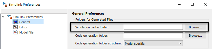 Simulation cache folder option in Simulink Preferences dialog box