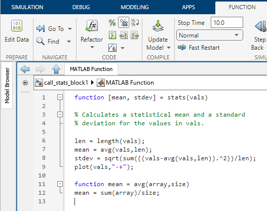 The MATLAB Function Block Editor showing the final version of the code. It includes the code from the previous steps.