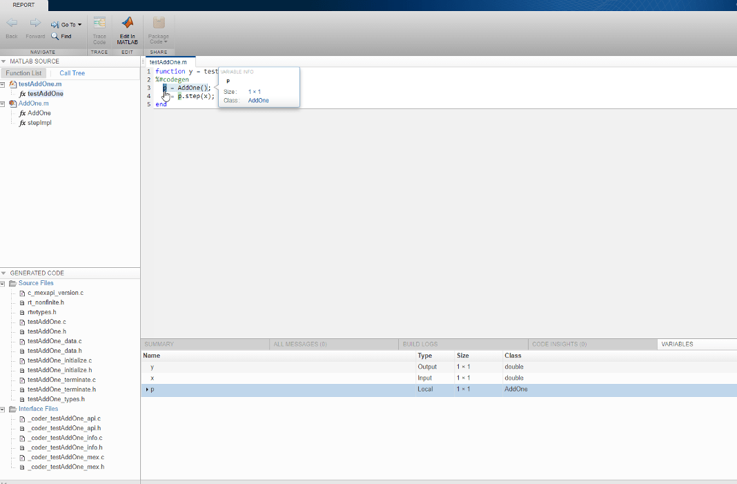 This shows the MATLAB function testAddOne in the report. The cursor points to the variable p and the properties display.