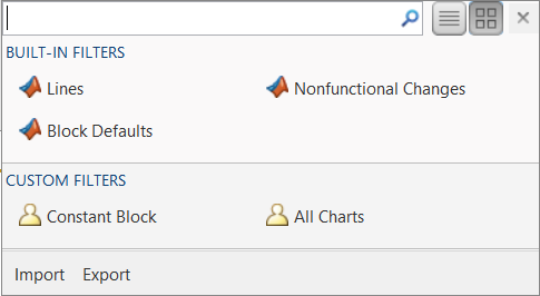 Filters gallery with built-in filters on top and custom filters below. Two buttons to Import and Export filters.