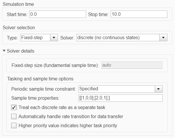 Model Configuration Parameter dialog box Solver pane settings for example model MultirateMultitaskingBareBoard