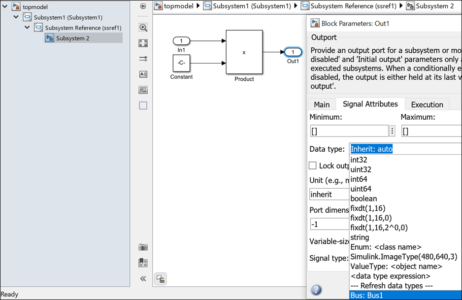 On the left, the model hierarchy is shown. On the right, the model canvas displays the contents of the child blocks of a subsystem file. The Outport block is selected. The block parameters dialog box displays the dictionary data types in the drop-down menu for Data type.