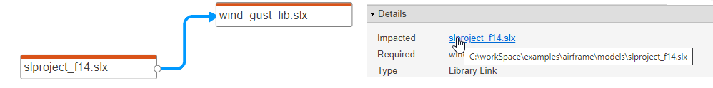 Click the dependency arrow between two files in the dependency graph. Examine the Details section in the Properties panel on the right.