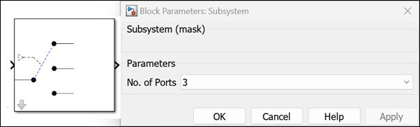 Subsystem block showing an image of a three-port switch in its icon, and with Number of Ports set to 3 in the Block Parameters dialog box.