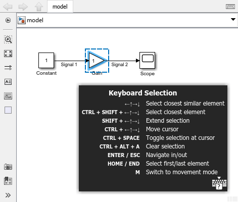 A model is in keyboard selection mode with the hints panel expanded in the lower right corner of the model window. The ? button is in the lower right corner of the expanded hints panel.