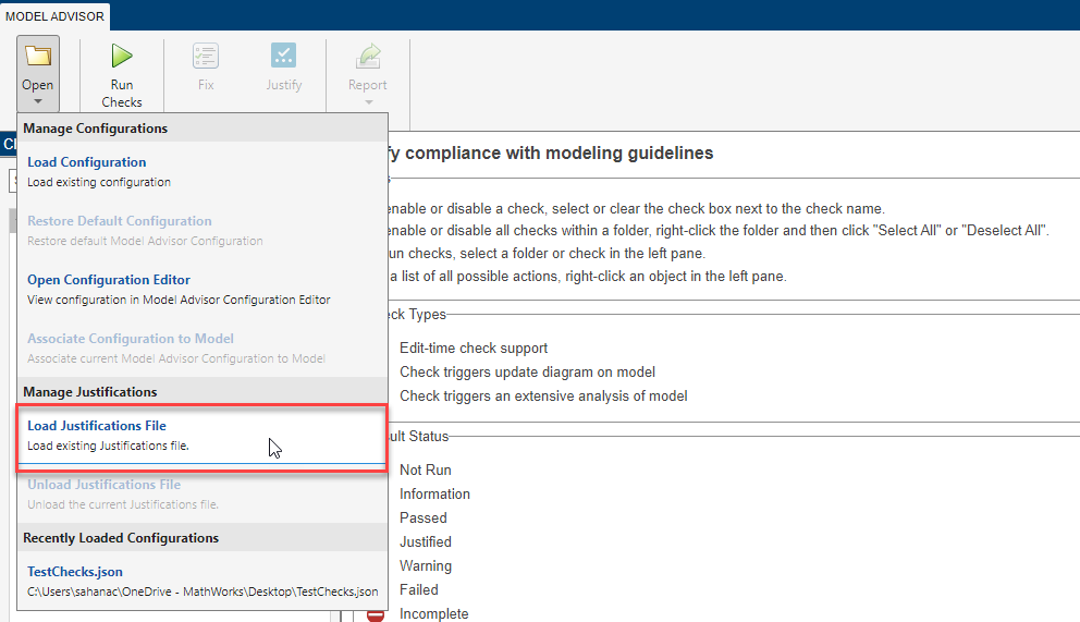 Load Justifications File Option