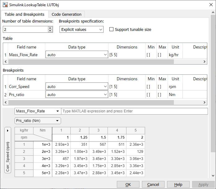 Lookup Table property dialog box with Unit and Field name entries and data