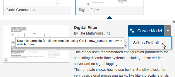 Simulink start page with the Digital Filter template title selected, and the Create Model menu of the template expanded to show the Set as Default option